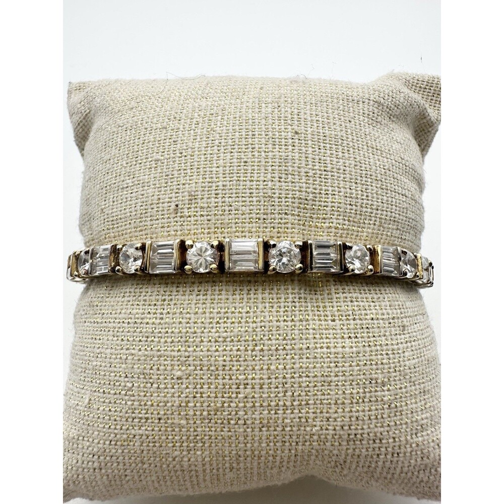 925 Sterling Silver 14k Gold Vermeil Baguette Round Cut C Z Tennis Bracelet 7”
